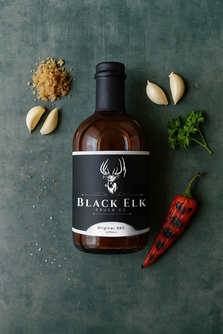 Bottle of Black Elk Sauce Co. Original BBQ Sauce (375mL). Styled flat-lay shot on a rustic green background with fresh garlic cloves, parsley, a grilled chili pepper, brown sugar, and scattered salt. Natural ingredients surround the bottle, reinforcing the handcrafted and flavorful BBQ profile.