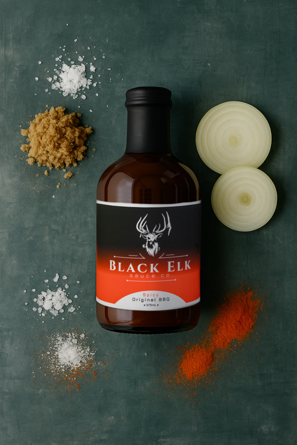 A bottle of Black Elk Spicy Original BBQ sauce is showcased on a rustic green backdrop. Surrounding it are raw onions, brown sugar, coarse salt, and a bright red paprika spice. The layout emphasizes the sauce’s smoky-sweet flavor with a fiery kick, pairing classic BBQ depth with a bold, spicy edge.