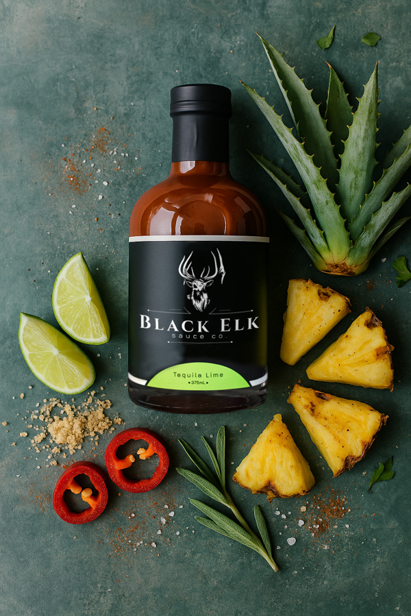 A bottle of Black Elk Tequila Lime sauce is displayed on a green backdrop, surrounded by fresh and vibrant ingredients. Lime wedges, pineapple chunks, red chili slices, brown sugar, and herbs frame the bottle. Coarse salt and spices are scattered across the surface, highlighting the sauce’s zesty and tropical character.