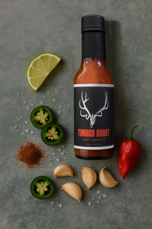 A bottle of Timber Ghost Hot Sauce sits centered on a textured surface, surrounded by its bold ingredients. Sliced jalapeños, a whole red pepper, garlic cloves, coarse salt, and a wedge of lime frame the bottle. A dusting of chili powder adds warmth, emphasizing the fiery flavor inside.
