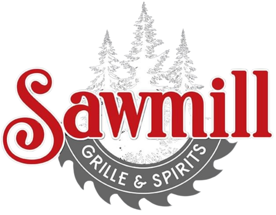 Sawmill Grille & Spirits logo with bold red "Sawmill" text, circular saw blade design, and faint pine trees in the background.