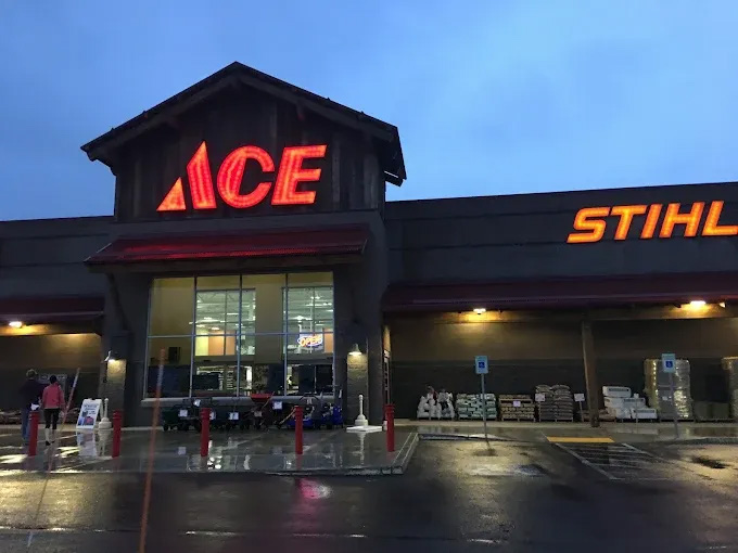 Exterior of an Ace Hardware store at dusk with large red illuminated 'ACE' sign and adjacent 'STIHL' signage above the entrance